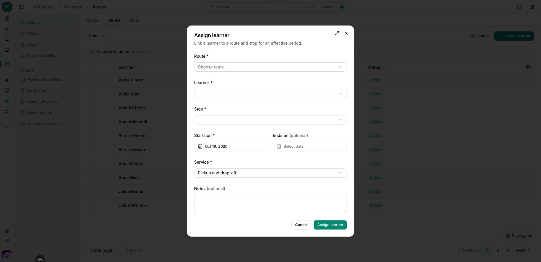 The rider-assignment form separates learner, route, stop, effective dates and pickup/drop-off service.