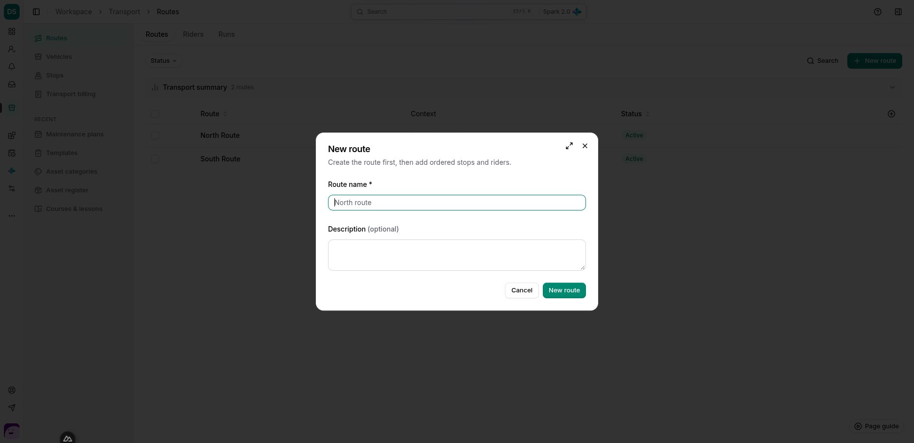 Create the route identity before adding its ordered stops and riders.