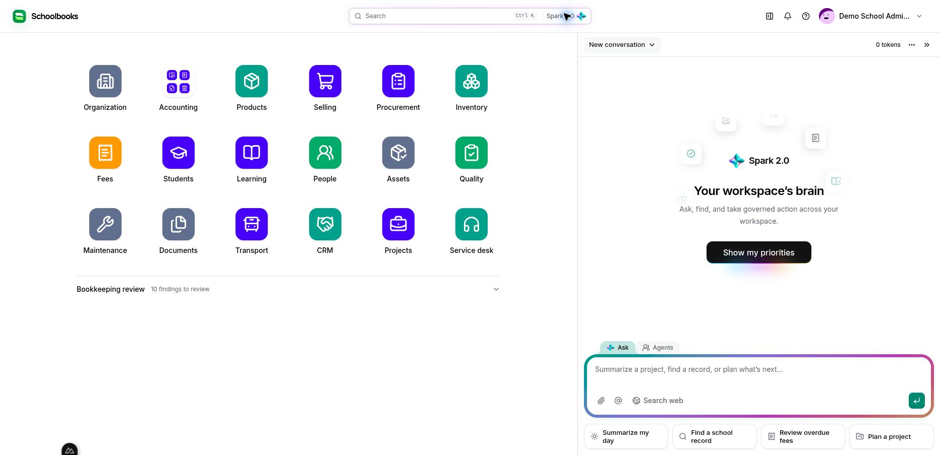 Current Schoolbooks Demo School workspace with connected modules and the Spark 2.0 assistant