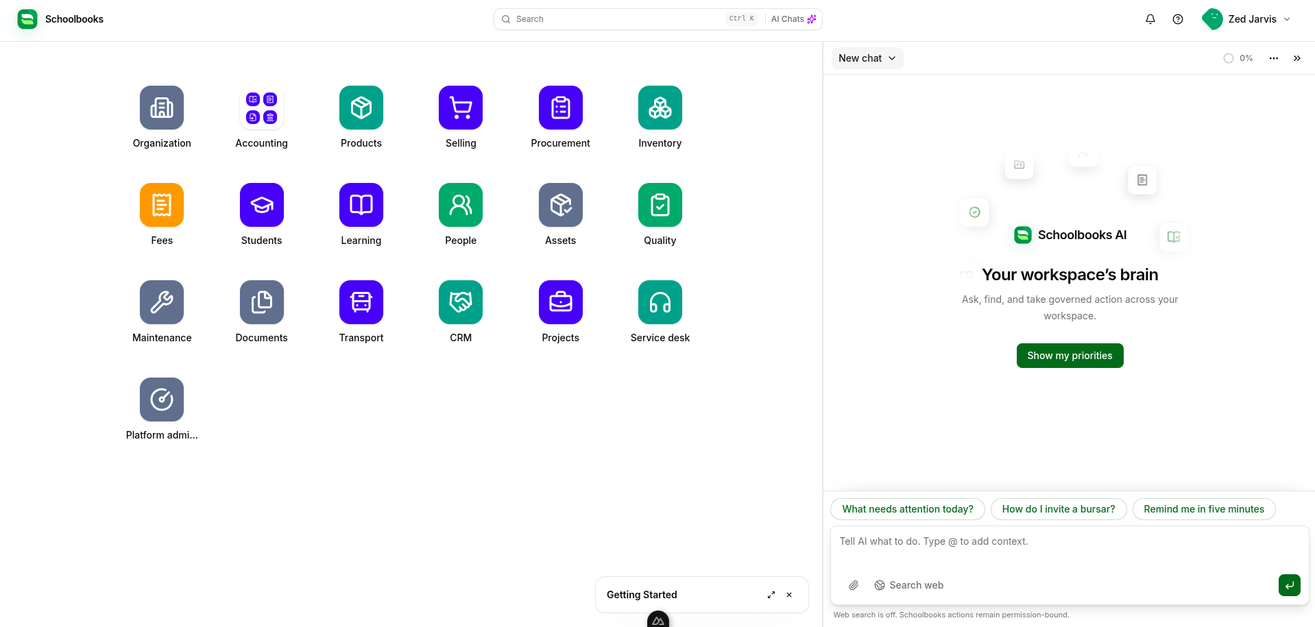 Schoolbooks desktop workspace showing installed apps and the Schoolbooks AI assistant